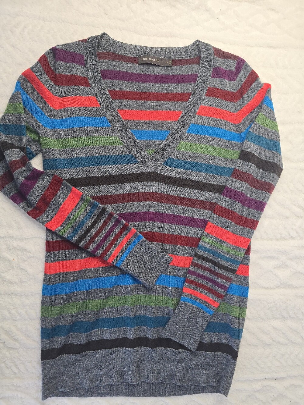 The Limited Wool Blend Sweater Gray Multicolor Stripe V-neck Pullover M
